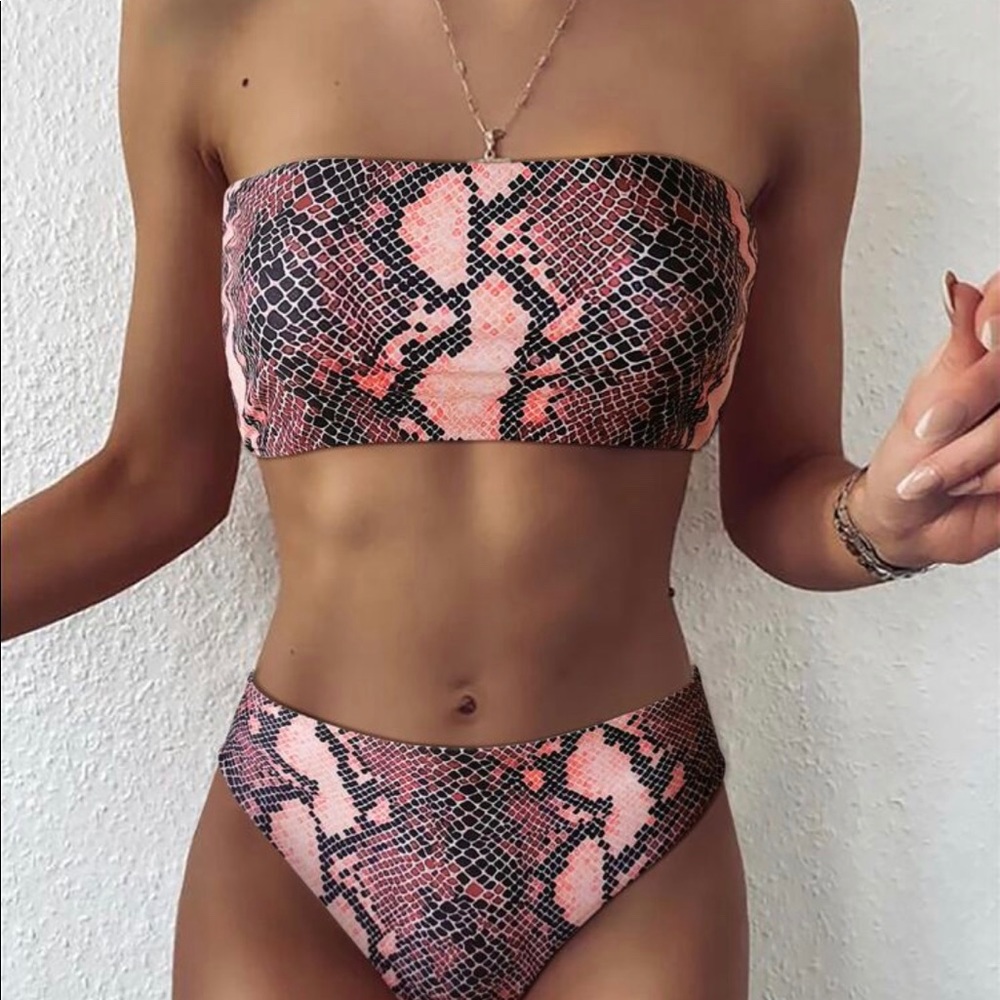 Snakeskin Bandeau High Waisted Bikini Swimsuit